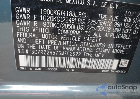 2025 Honda Hr-V Awd Sport from USA, damaged, VIN 3CZRZ2H57SM752622